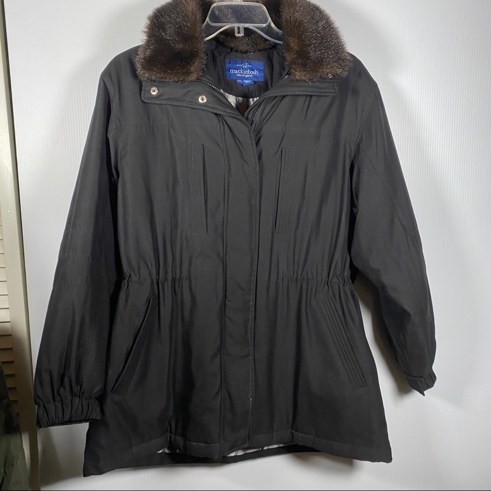 MACKINTOSH HOODED COAT. Black w/fur collar